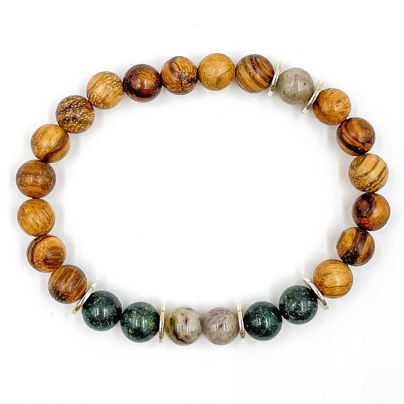 Central Premium - Gray Feldspar, Serpentine, & Sandalwood Mala Beaded Bracelet