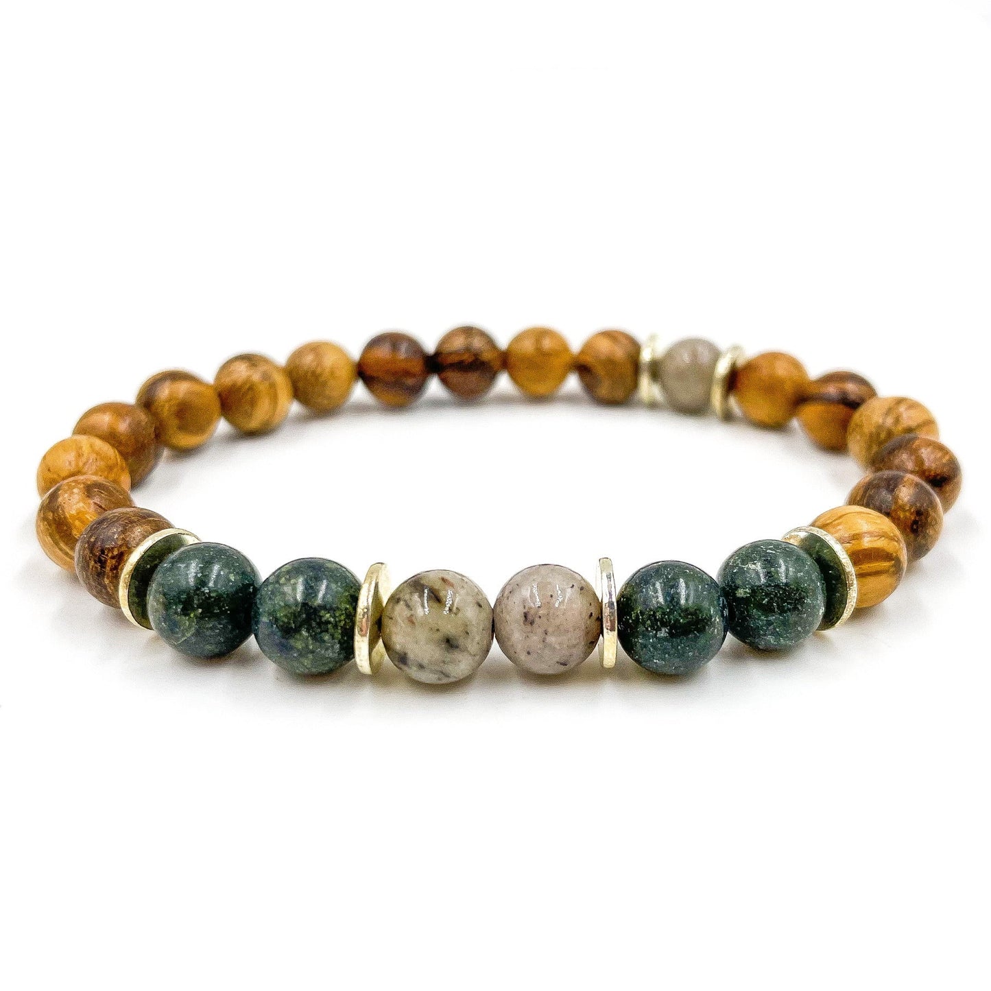 Central Premium - Gray Feldspar, Serpentine, & Sandalwood Mala Beaded Bracelet