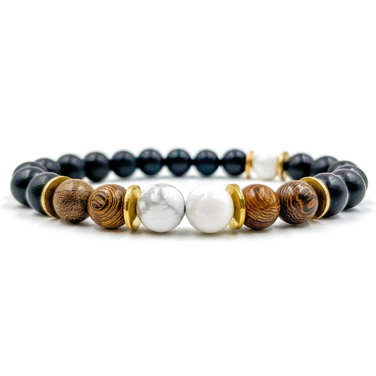 Central Premium - White Howlite, Zebrawood & Ebony Blackwood Mala Beaded Bracelet